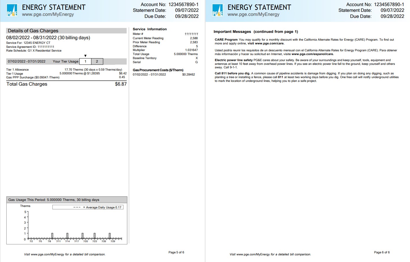 USA California PG&E (Pacific Gas and Electric Company) utility bill, Word and PDF template, 6 pages 5 6
